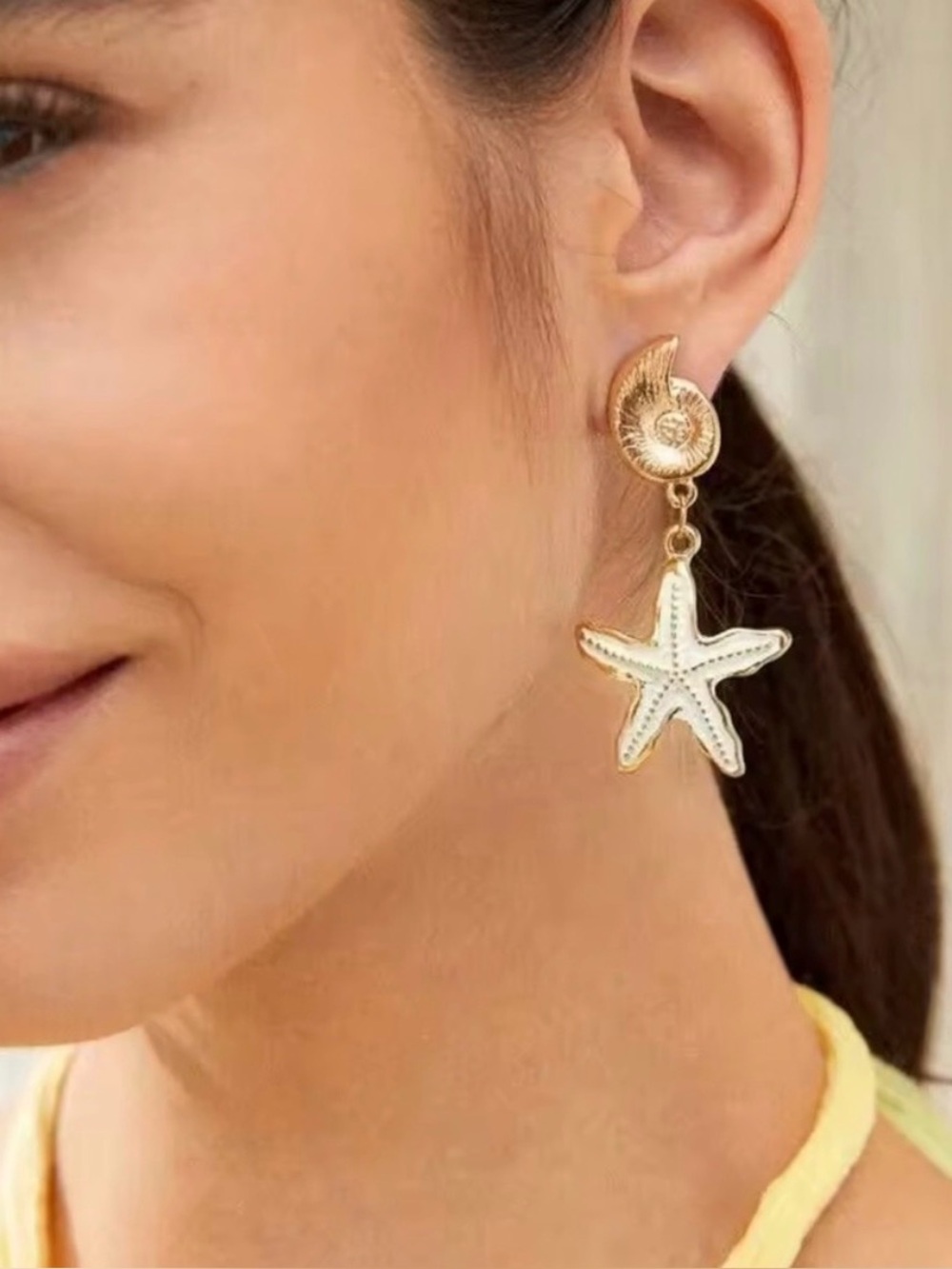 Gold and White Starfish Drop Earrings - Women's Jewelry - Picture 3 of 4